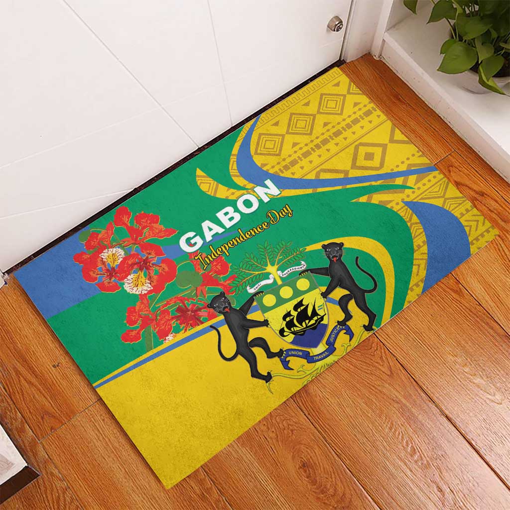 Rectangular rubber doormat with green, yellow, blue Gabon Independence Day emblem