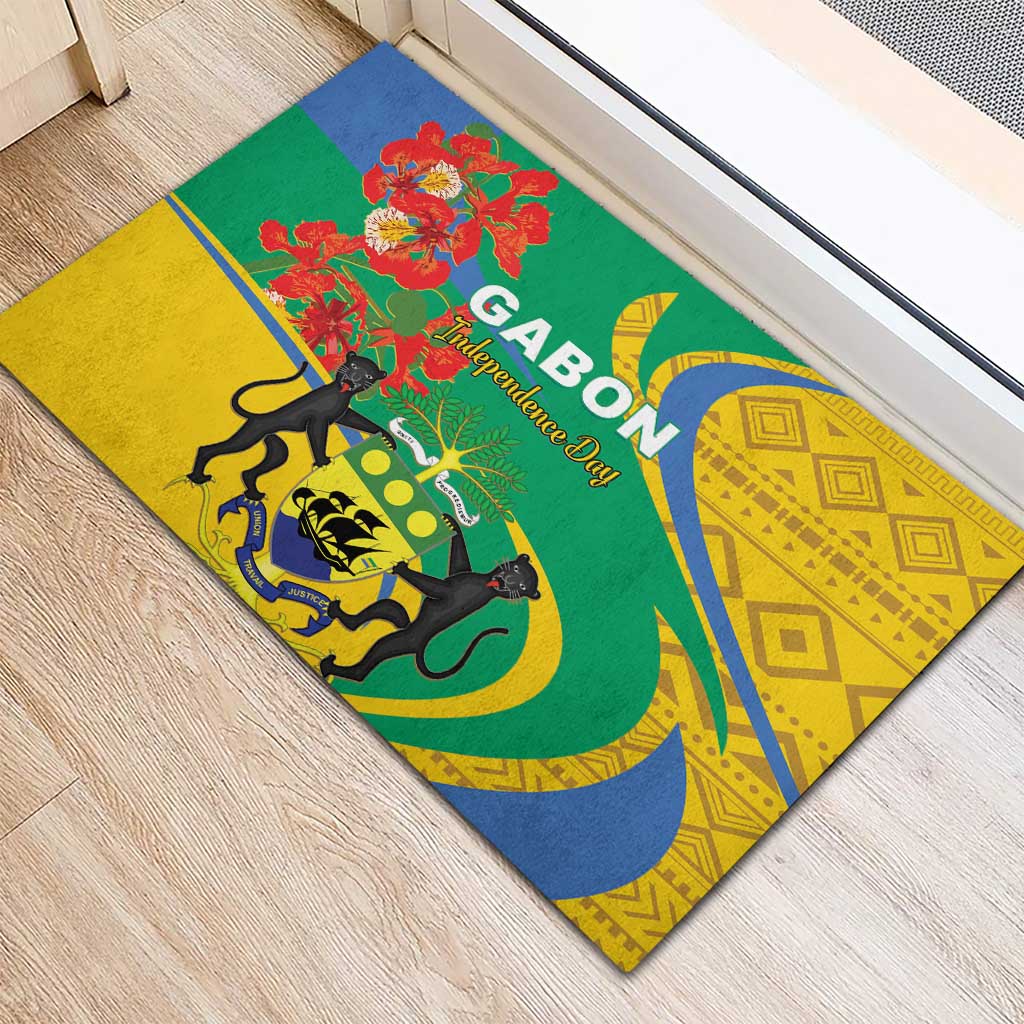 Rectangular rubber doormat with green, yellow, blue Gabon Independence Day lion figures