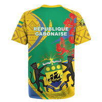 Green rugby jersey with yellow trim, Republique Gabonaise text and crest graphic