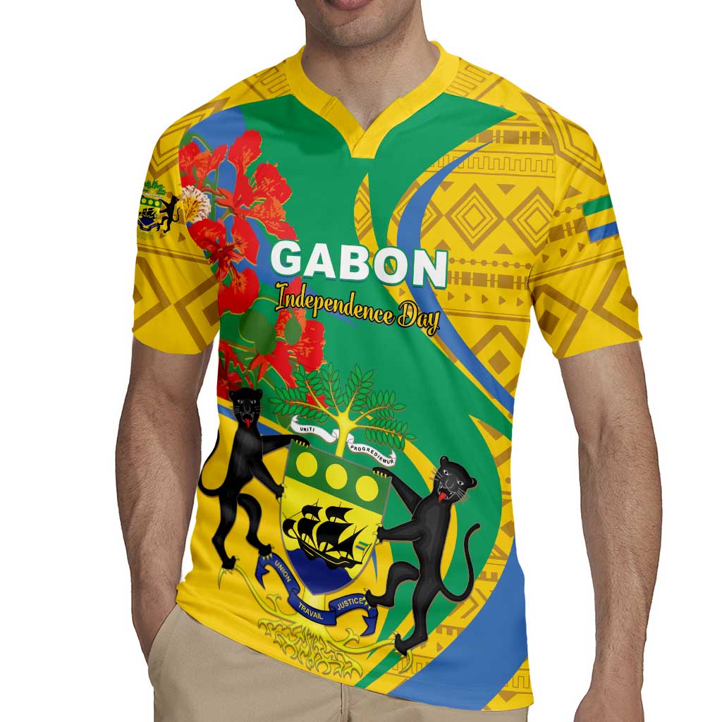 Green rugby jersey with yellow collar, Gabon emblem, cats and red floral print