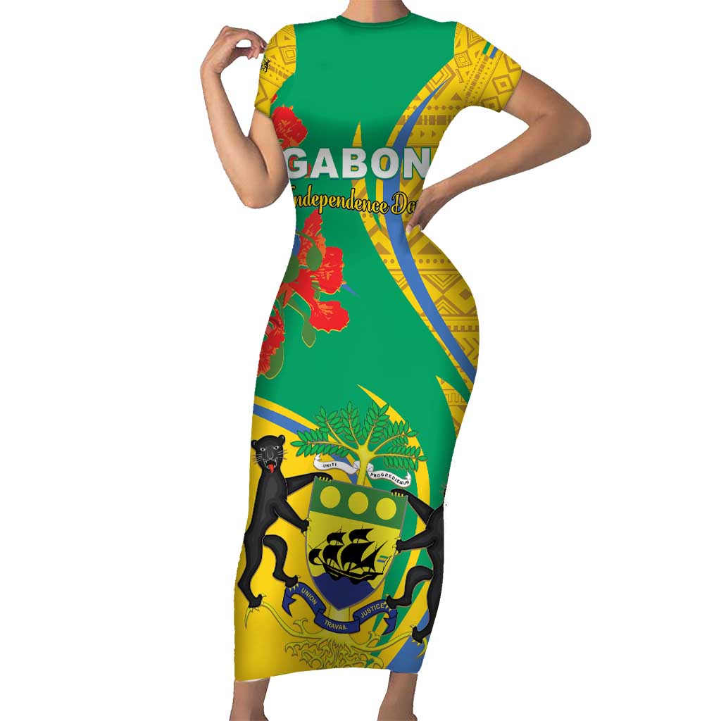 Gabon Independence Day Short Sleeve Bodycon Dress Gabonaise Flamboyant African Pattern - Wonder Print Shop