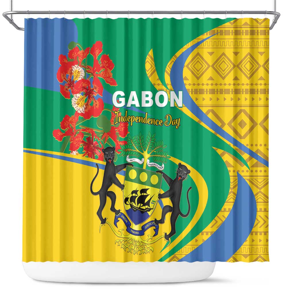 Gabon Independence Day shower curtain, green yellow blue with lion crest and red flowers