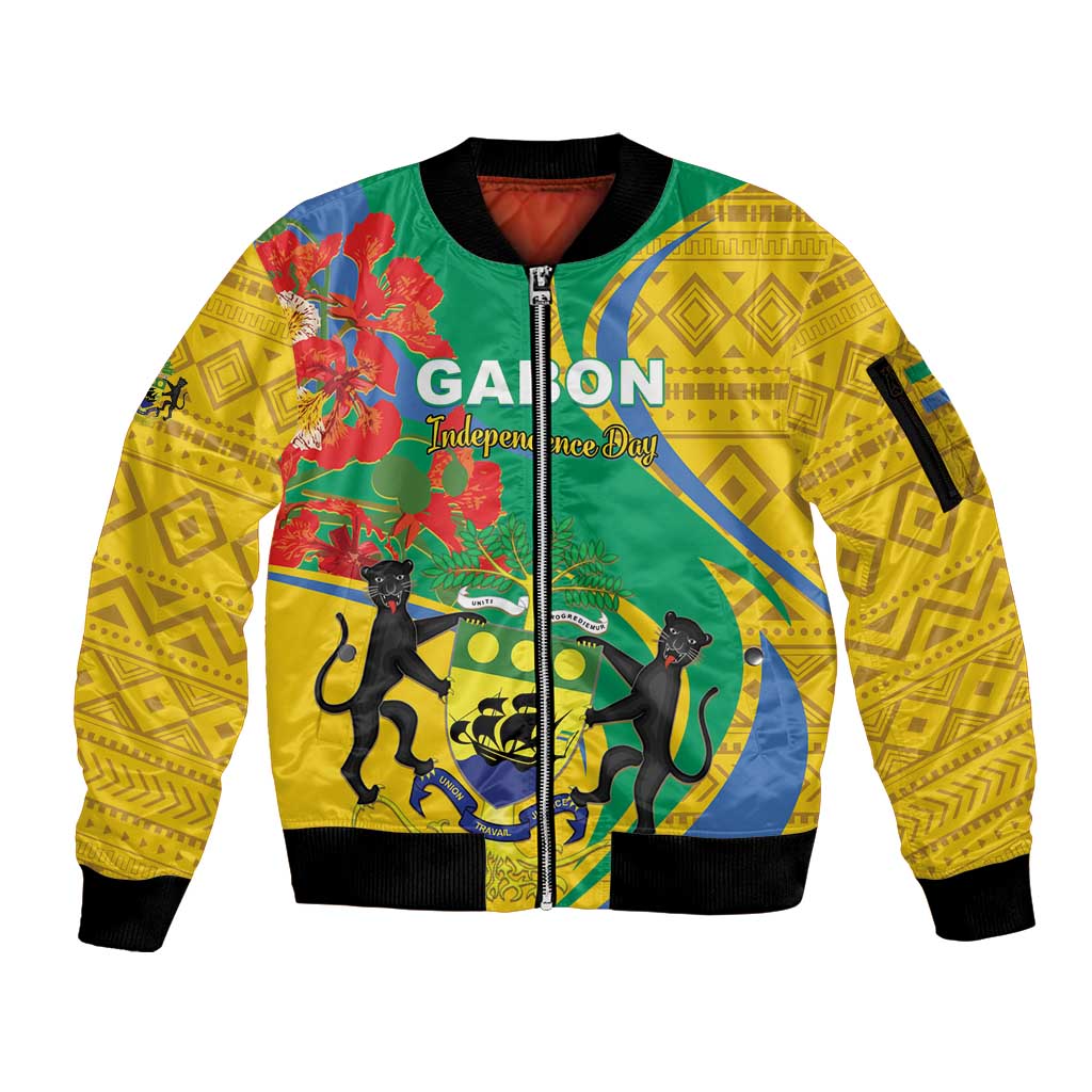 Gabon Independence Day Sleeve Zip Bomber Jacket Gabonaise Flamboyant African Pattern - Wonder Print Shop