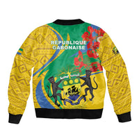 Unisex yellow bomber jacket with back graphic, ribbed cuffs, and front zipper