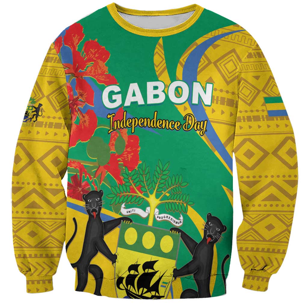 Unisex green sweatshirt with yellow patterned sleeves; Gabon Independence Day graphic.