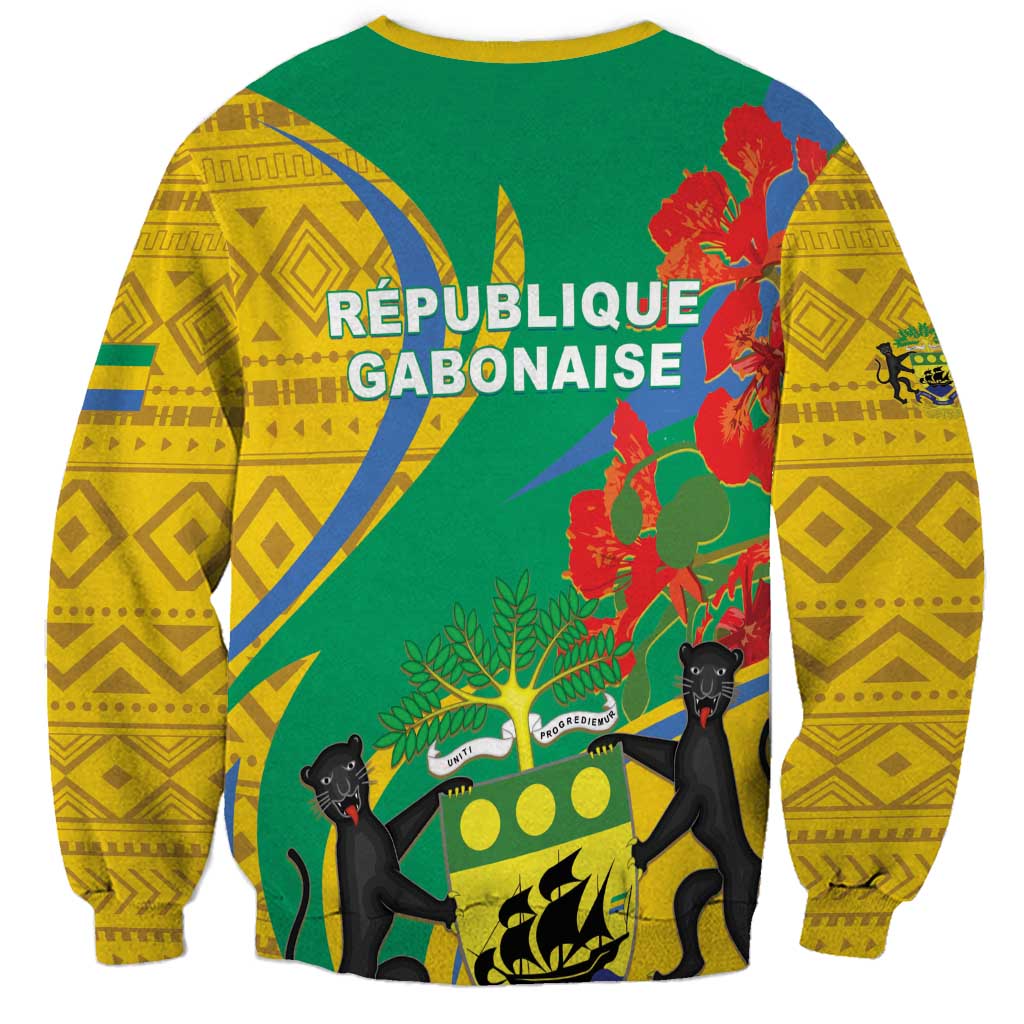 Unisex green sweatshirt with yellow geometric sleeves; Republique Gabonaise graphic.