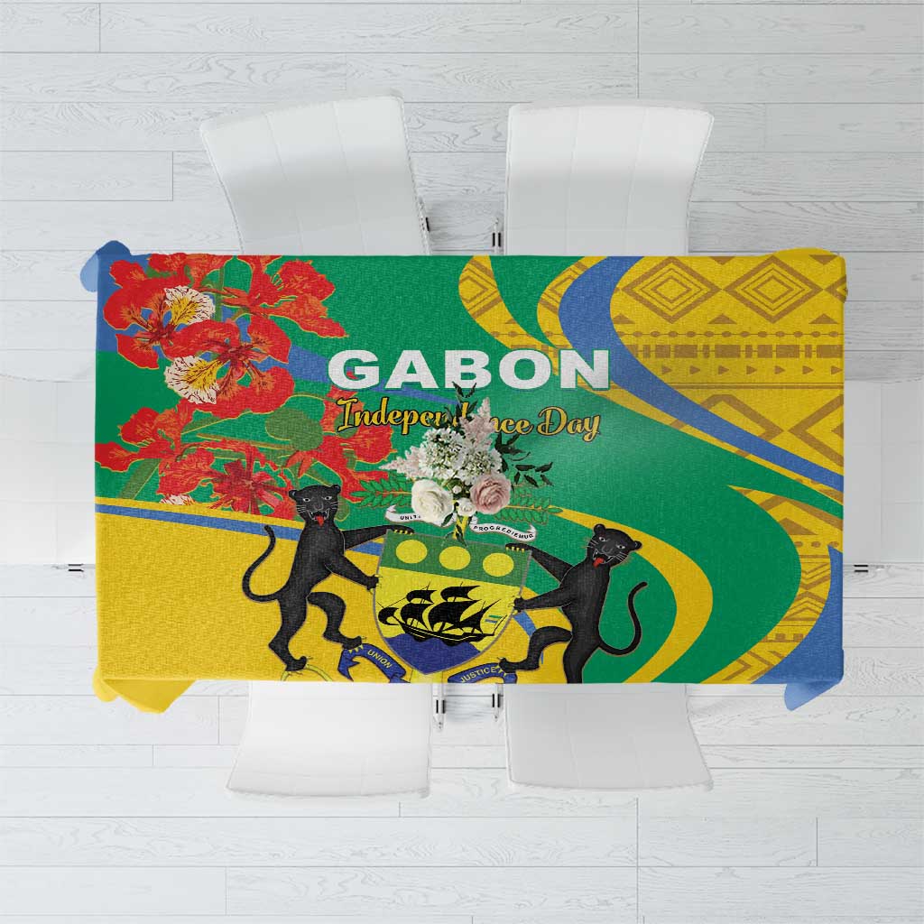 Gabon Independence Day patterned tablecloth with green, blue, and yellow animal motifs