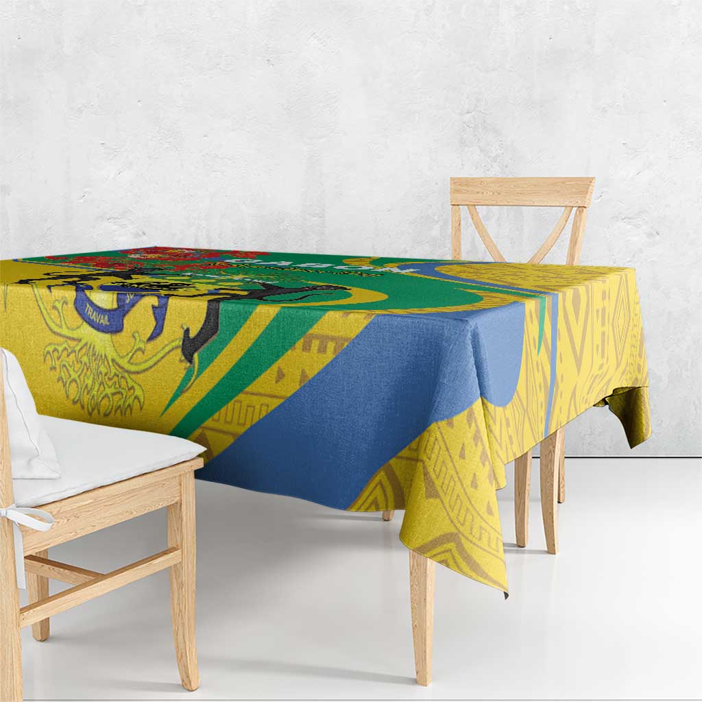 Patterned tablecloth draped on table with green, blue, and yellow independence design