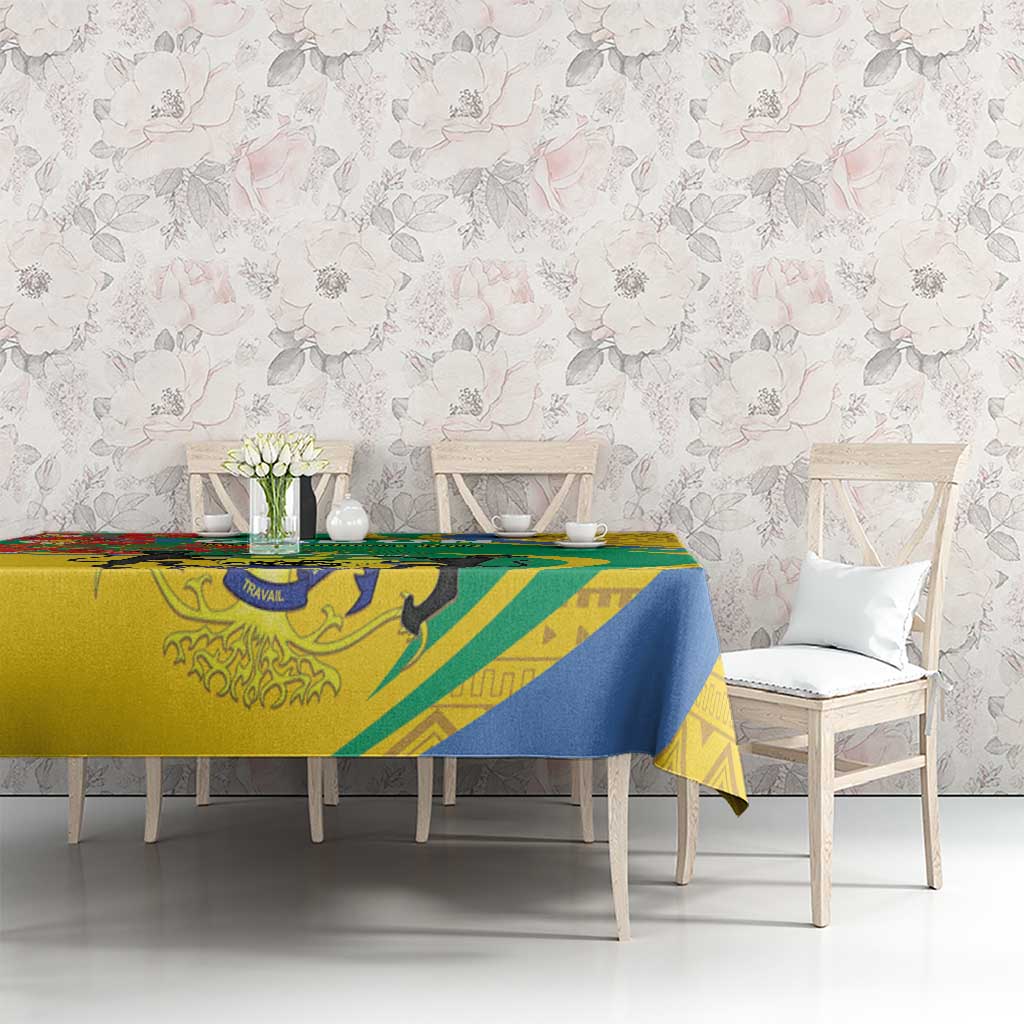 Patterned tablecloth with yellow, blue, and green independence-themed graphics