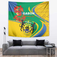 Gabon-themed Independence Day wall tapestry featuring lion crest, floral details, and GABON