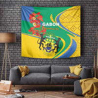 Gabon-themed Independence Day tapestry with lion emblem, floral graphic, and patterned yellow side