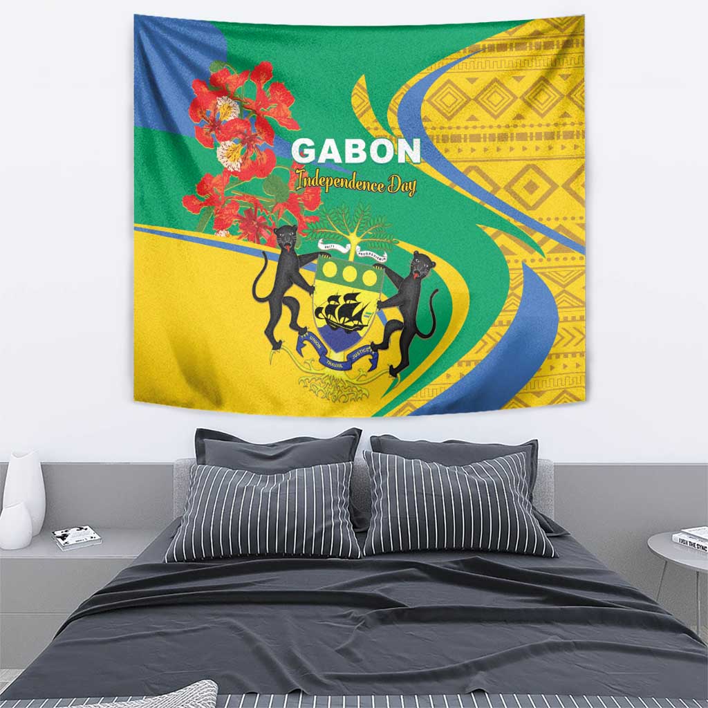 Gabon-themed Independence Day tapestry showing lion crest, red flowers, and GABON lettering