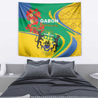 Gabon-themed Independence Day tapestry showing lion crest, red flowers, and GABON lettering