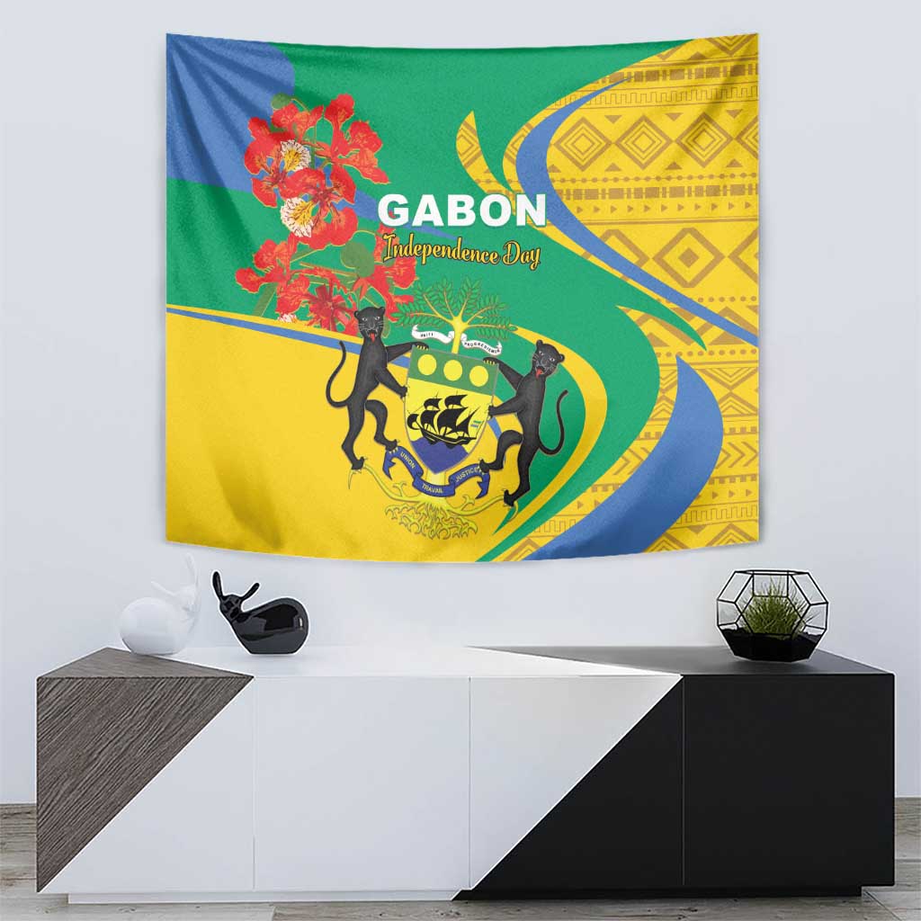 Gabon-themed Independence Day tapestry with lion crest, floral accents, and GABON text