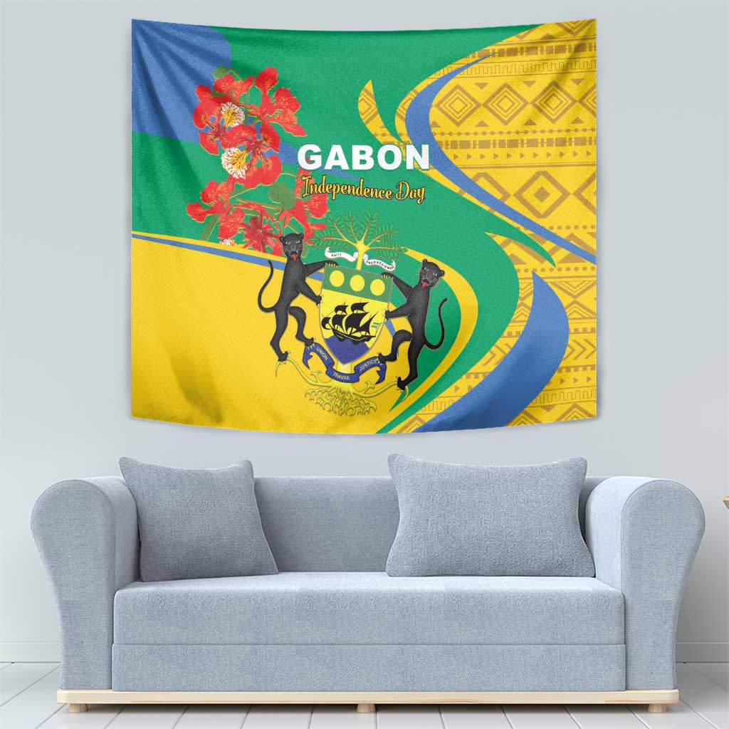 Gabon-themed Independence Day tapestry with lion emblem, floral accents, and green-blue-yellow design