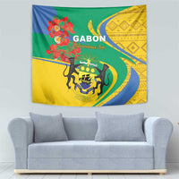 Gabon-themed Independence Day tapestry with lion emblem, floral accents, and green-blue-yellow design