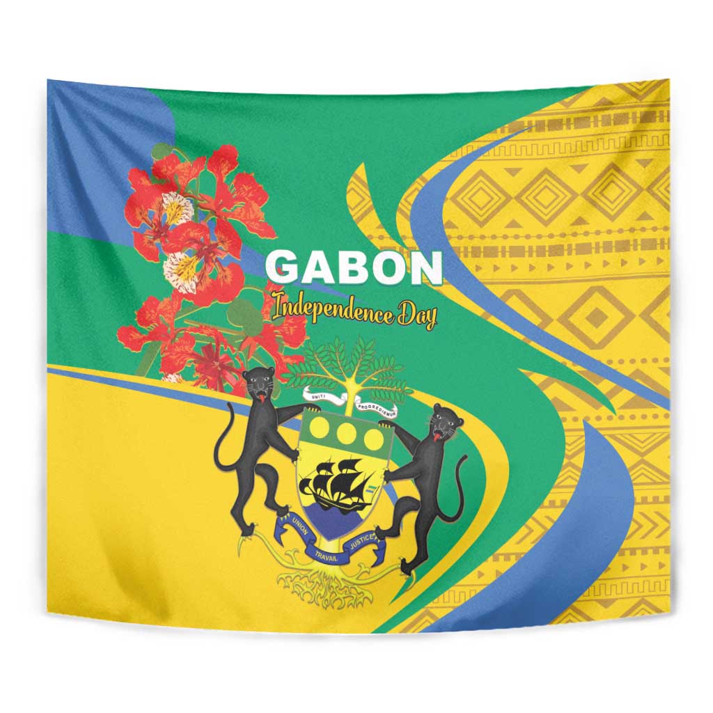 Gabon-themed Independence Day tapestry close-up with lion crest, floral cluster, and GABON text