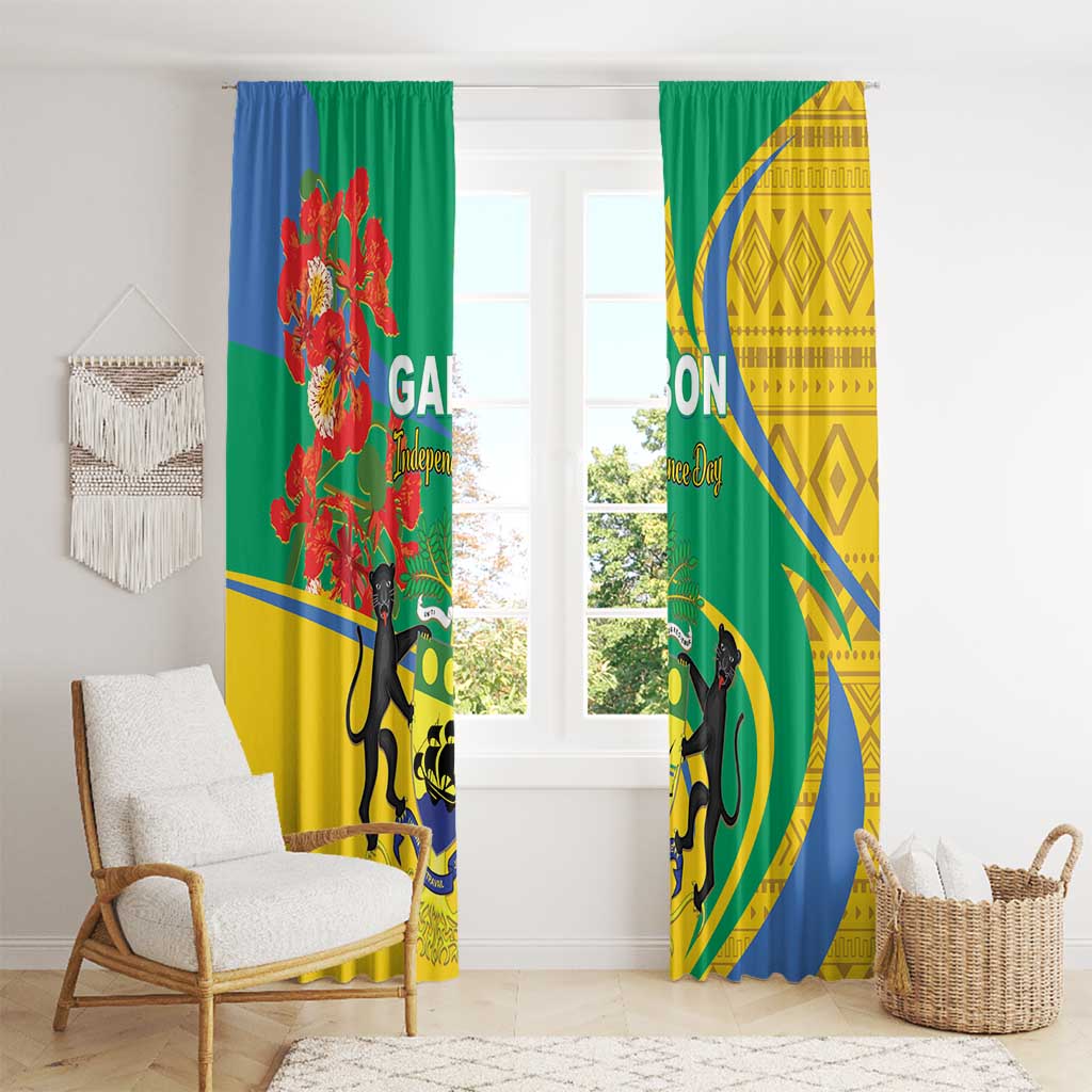 Pair of green, yellow and blue patterned window curtains with floral tree and crest