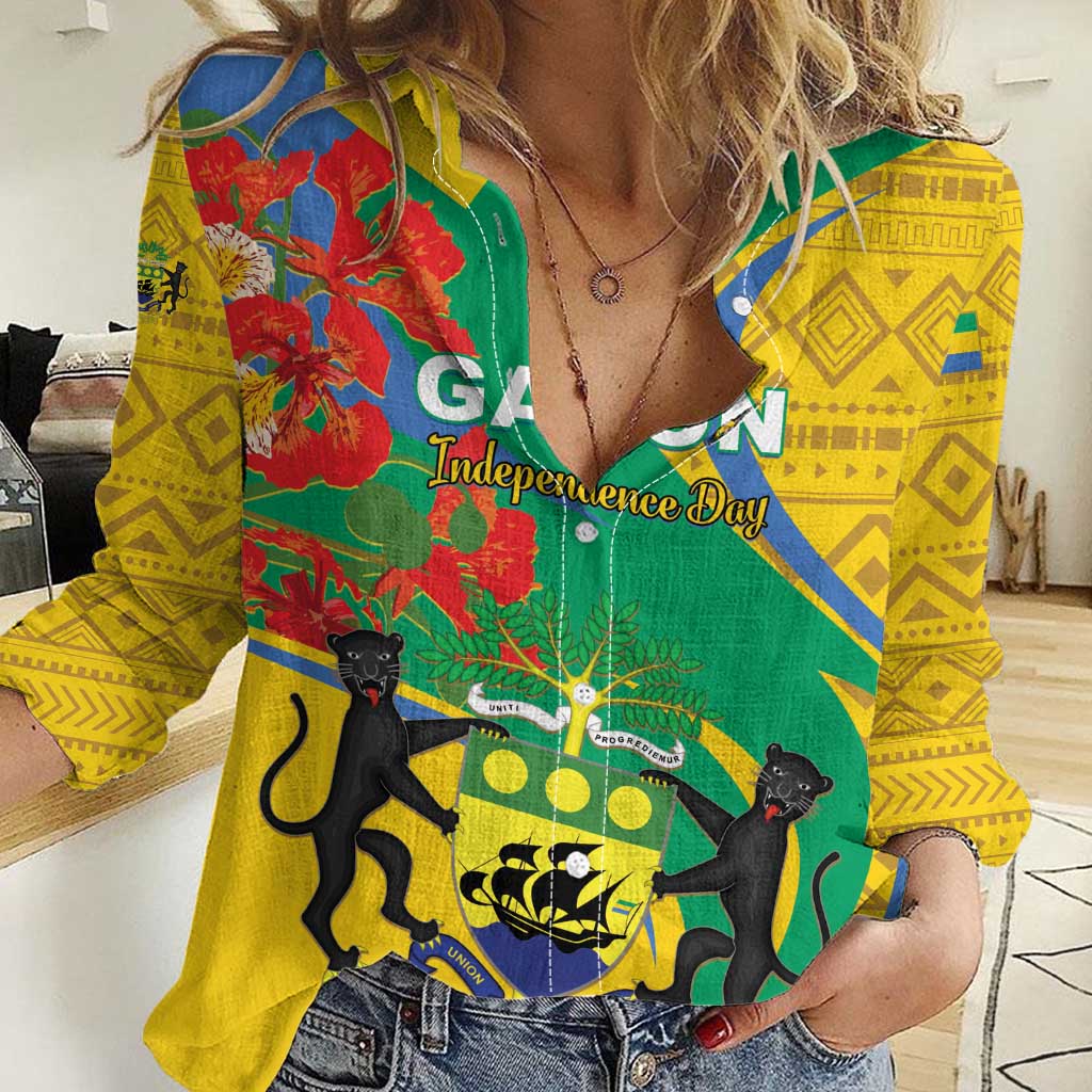 Gabon Independence Day Women Casual Shirt Gabonaise Flamboyant African Pattern - Wonder Print Shop