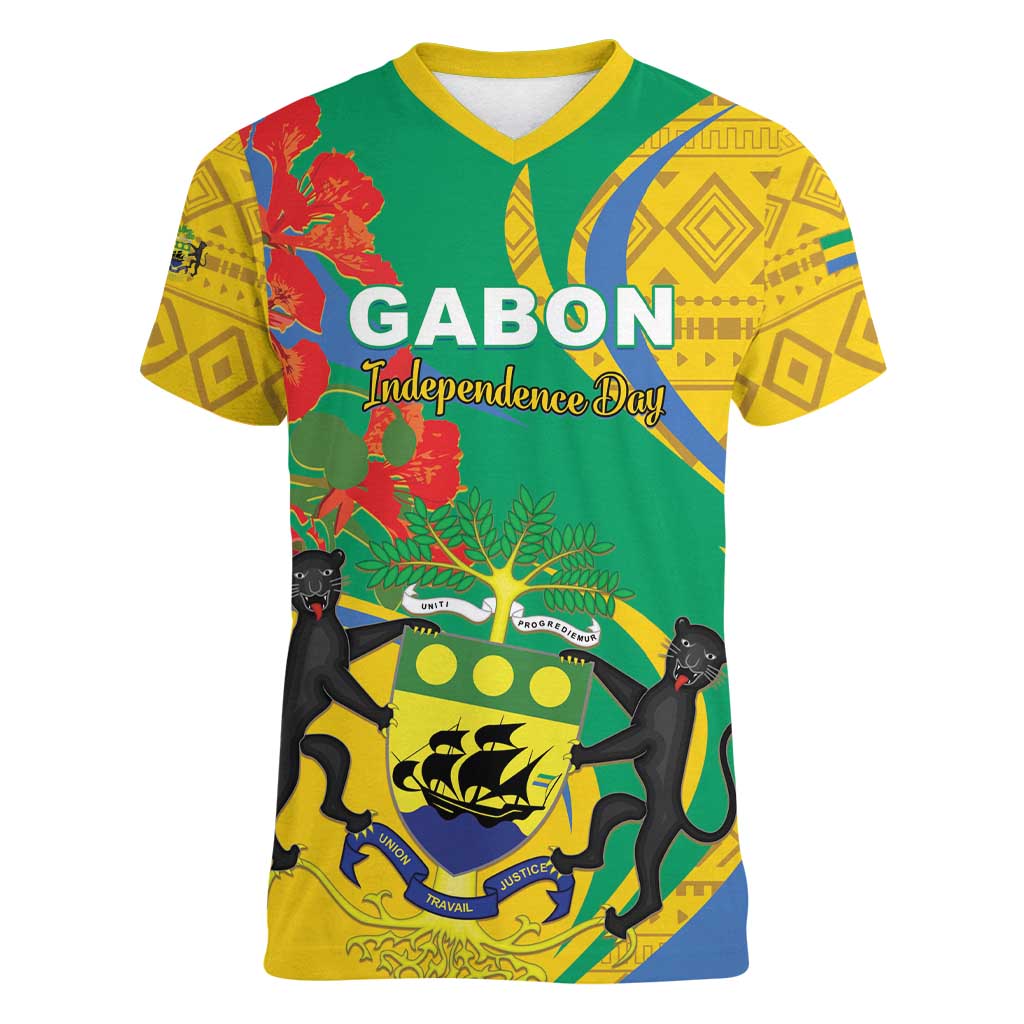 Gabon Independence Day Women V-Neck T-Shirt Gabonaise Flamboyant African Pattern - Wonder Print Shop