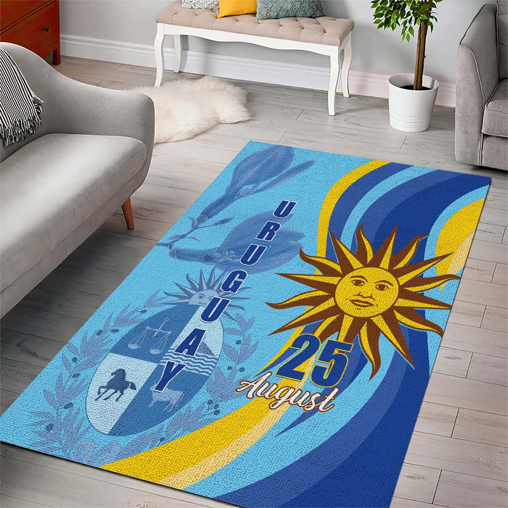 Blue rectangular rug with curved blue bands, yellow stripe, and “25 August” sun print