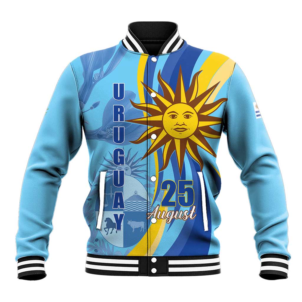 Blue baseball jacket with striped rib collar, snap front, and front sun 25 August graphic
