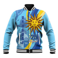 Blue baseball jacket with striped rib collar, snap front, and front sun 25 August graphic