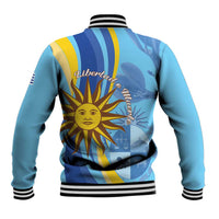 Blue baseball jacket with striped rib collar and back sun graphic with 'Libertad' text