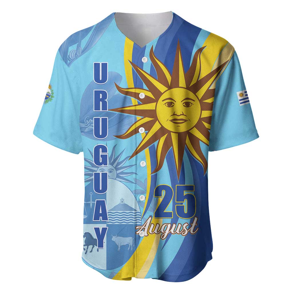Light blue baseball jersey with sun-face art, URUGUAY lettering, and 25 August