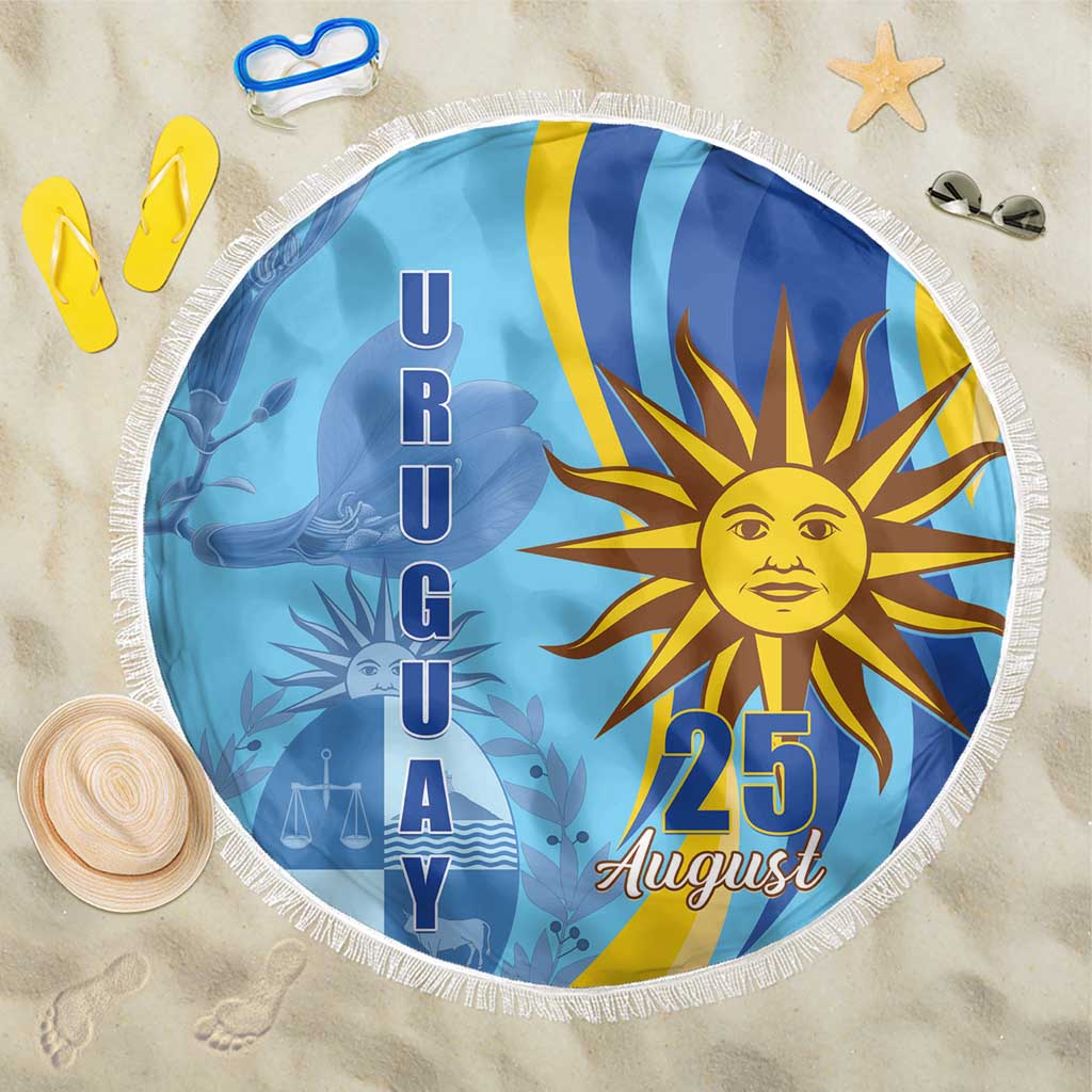 Blue round beach blanket with fringe edge, sun emblem and '25 August' print