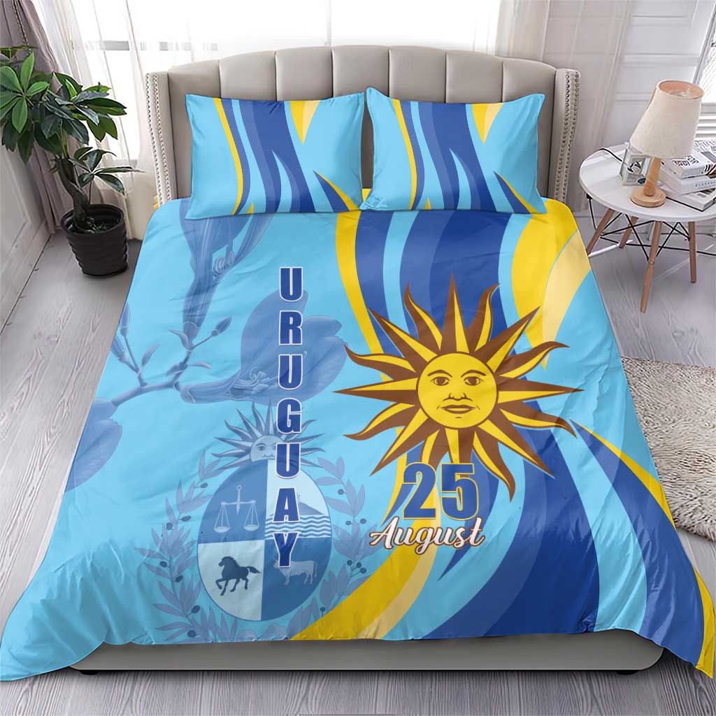 Blue duvet and pillow set with sun emblem and 25 August, two matching pillowcases