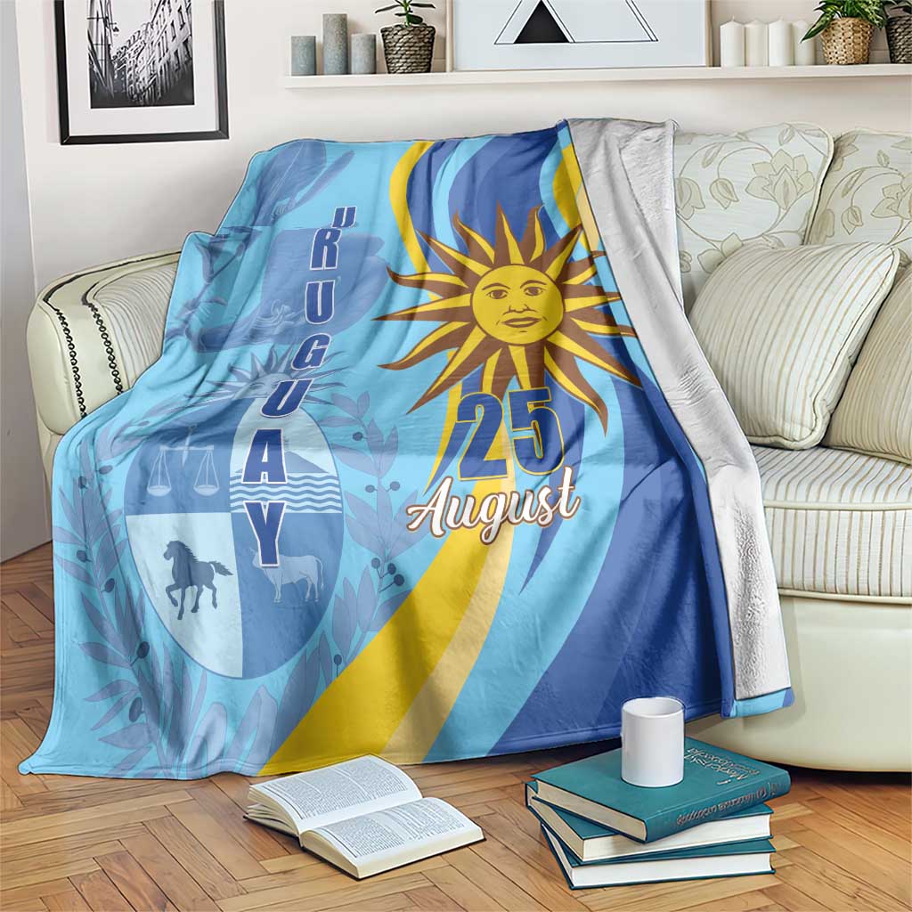 Blue Uruguay Independence Day throw blanket with sun, "25 August" and animal symbols