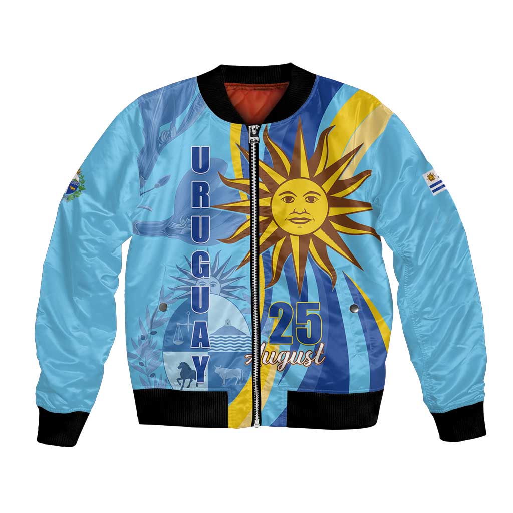Blue bomber jacket with front zipper, black ribbed cuffs, bold sun-and-flag graphic