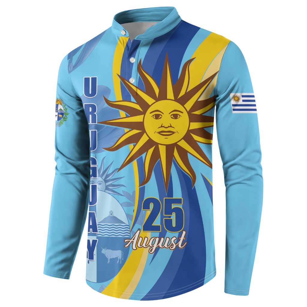 Light blue button sweatshirt with sun artwork, “25 August” text, and striped panel