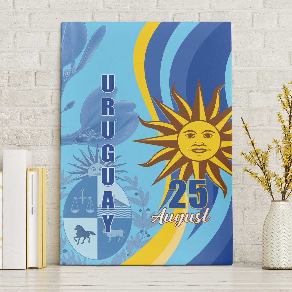 Blue Uruguay independence canvas wall art with sun emblem and “25 August” text.