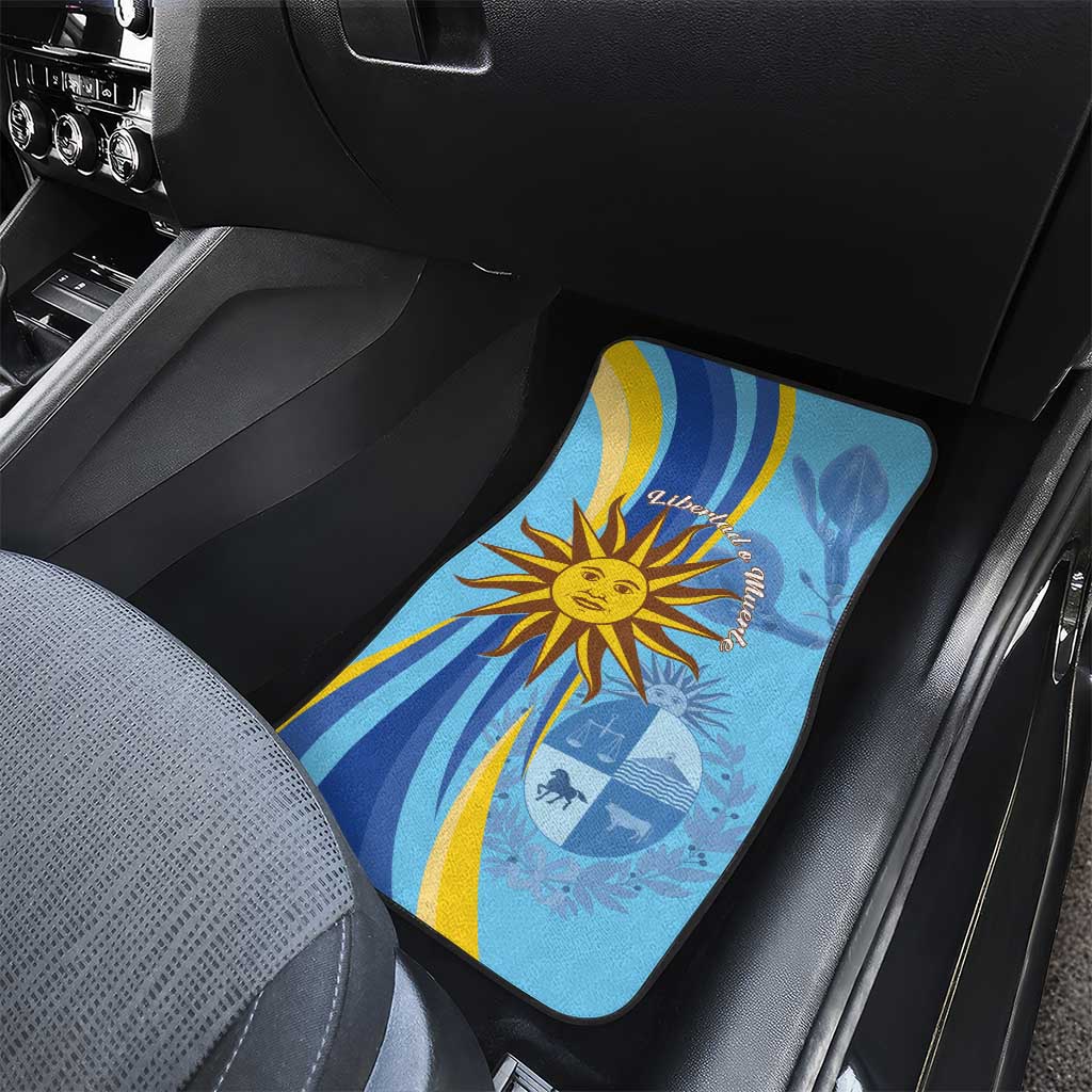Single blue front car floor mat with sun crest and wave design