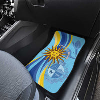 Single blue front car floor mat with sun crest and wave design
