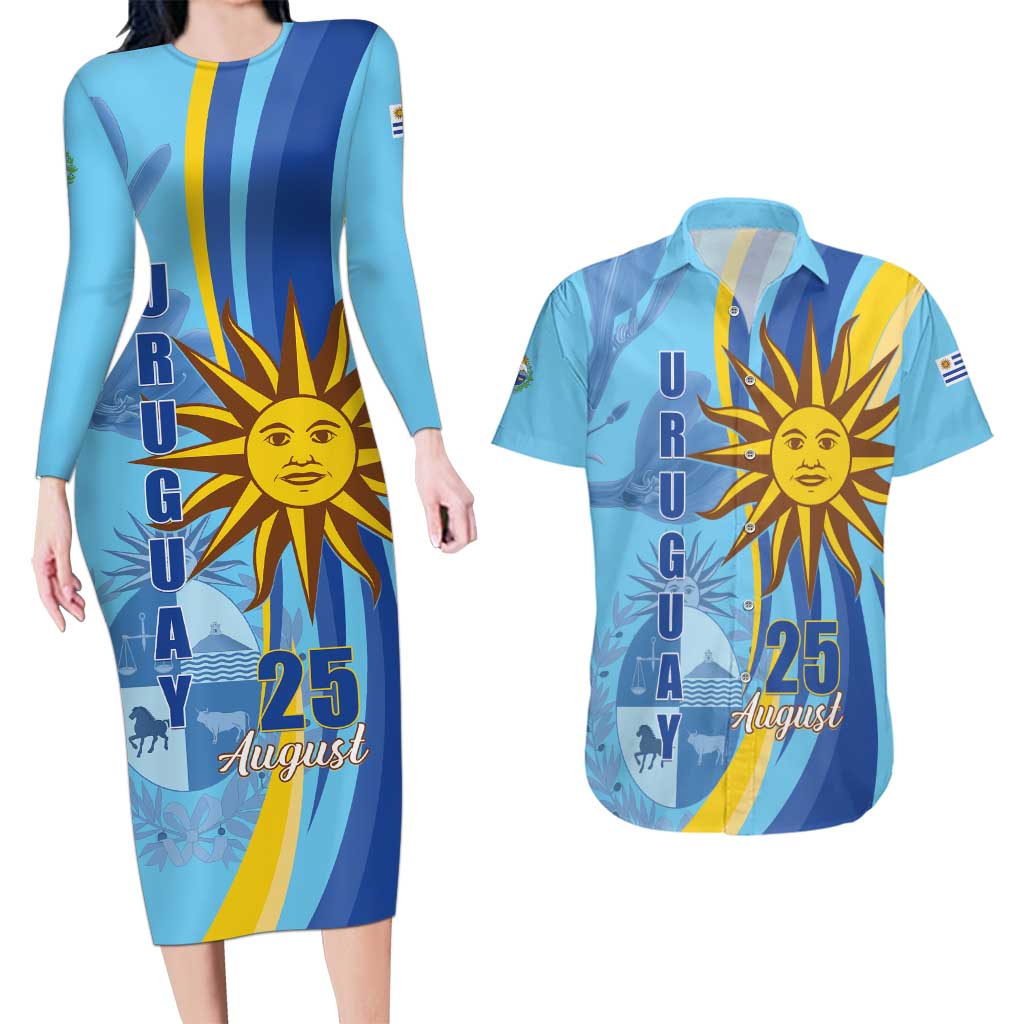 Uruguay Independence Day Couples Matching Long Sleeve Bodycon Dress and Hawaiian Shirt Sol de Mayo Erythrina Crista Galli - Wonder Print Shop