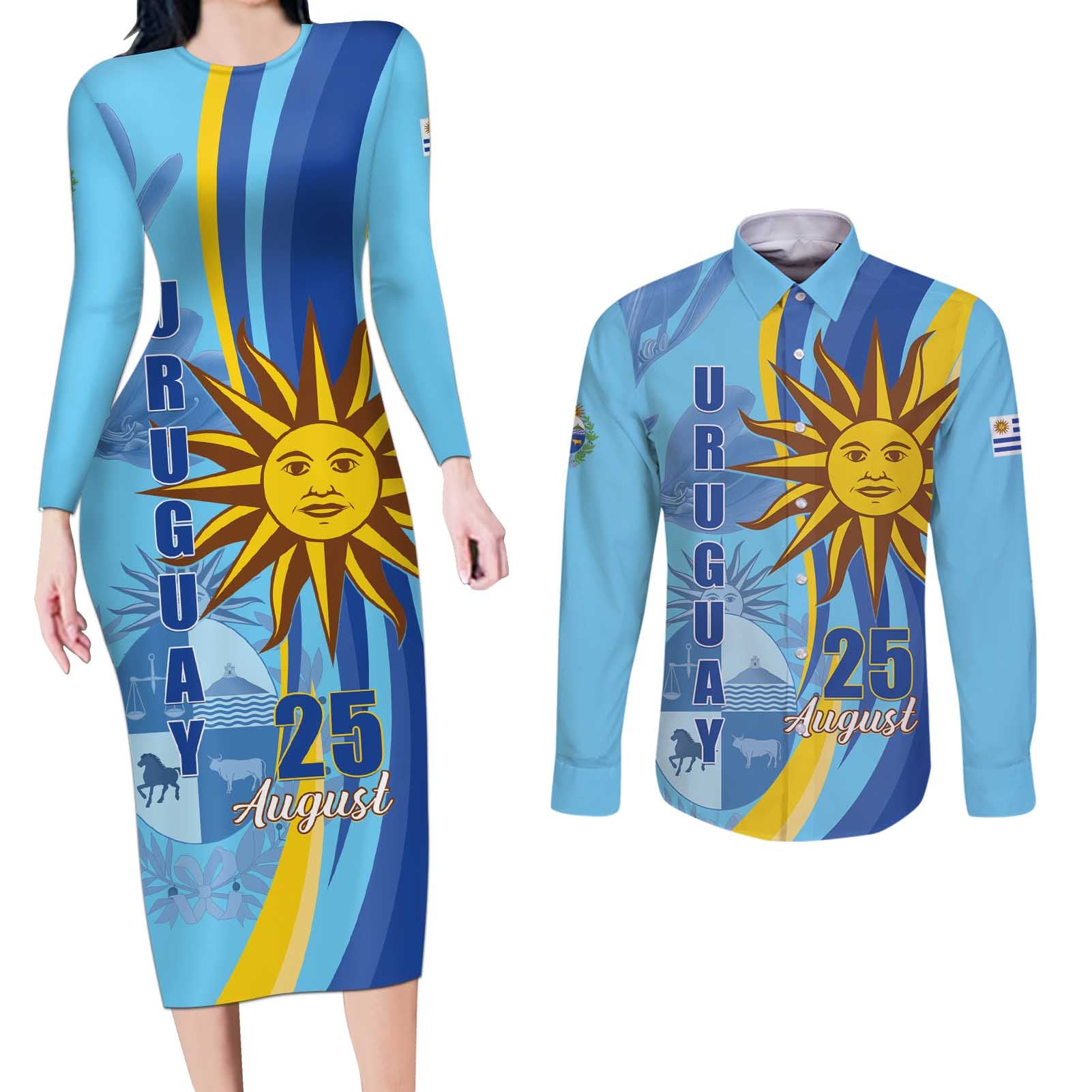 Uruguay Independence Day Couples Matching Long Sleeve Bodycon Dress and Long Sleeve Button Shirt Sol de Mayo Erythrina Crista Galli - Wonder Print Shop