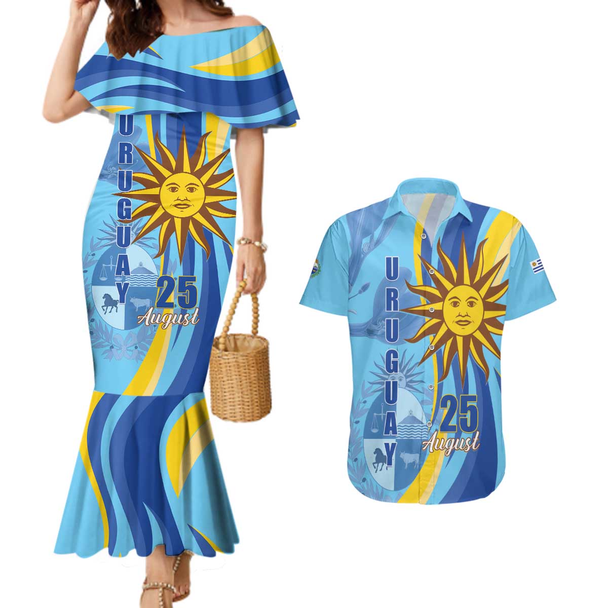 Uruguay Independence Day Couples Matching Mermaid Dress and Hawaiian Shirt Sol de Mayo Erythrina Crista Galli - Wonder Print Shop