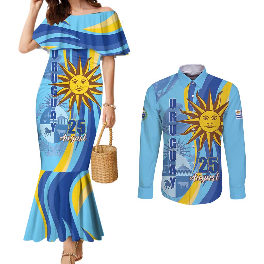 Uruguay Independence Day Couples Matching Mermaid Dress and Long Sleeve Button Shirt Sol de Mayo Erythrina Crista Galli