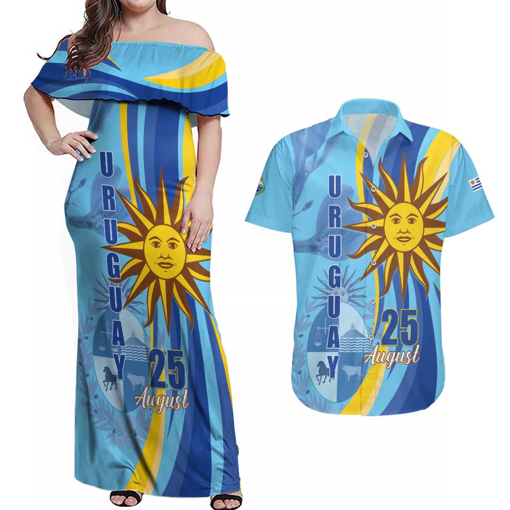 Uruguay Independence Day Couples Matching Off Shoulder Maxi Dress and Hawaiian Shirt Sol de Mayo Erythrina Crista Galli - Wonder Print Shop