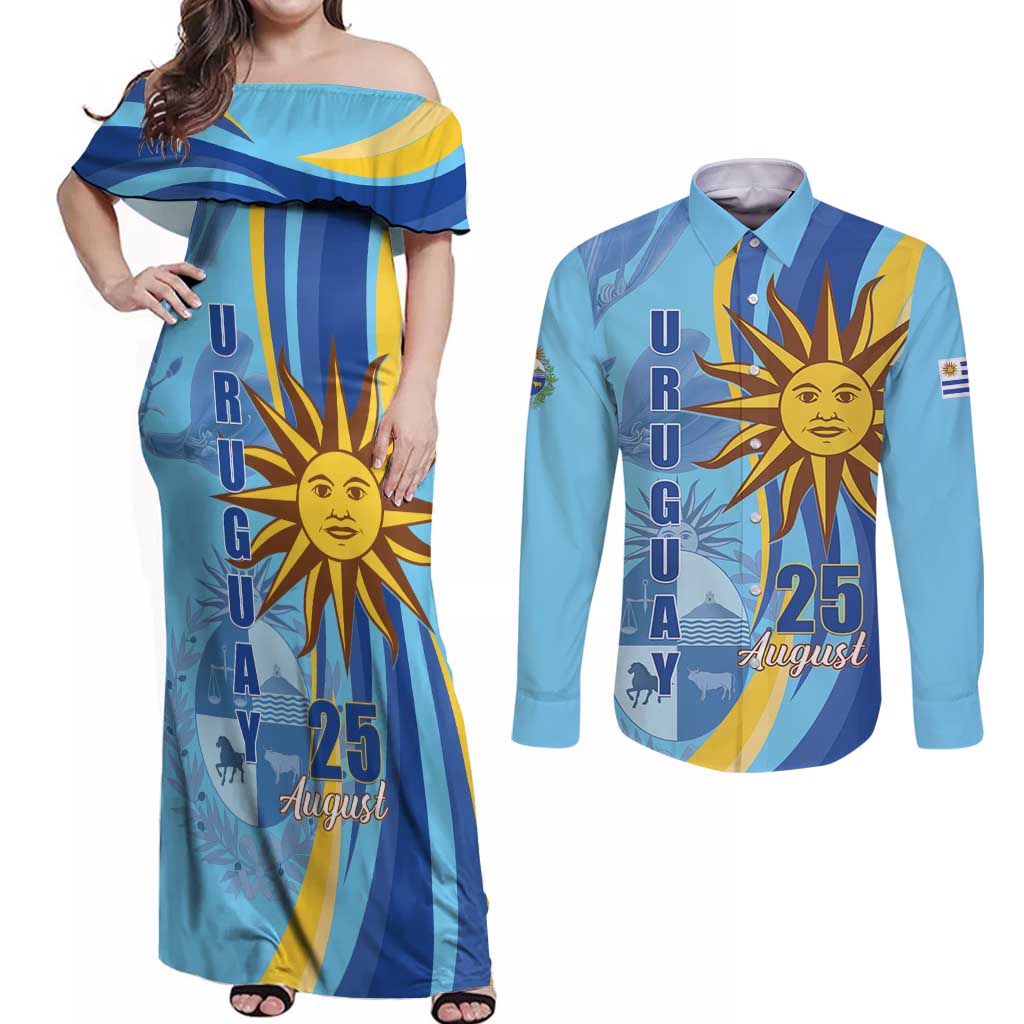 Uruguay Independence Day Couples Matching Off Shoulder Maxi Dress and Long Sleeve Button Shirt Sol de Mayo Erythrina Crista Galli - Wonder Print Shop