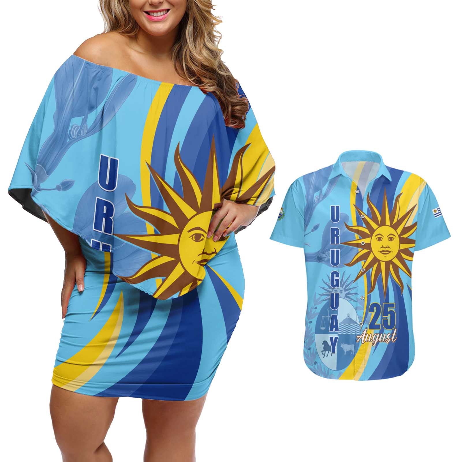 Uruguay Independence Day Couples Matching Off Shoulder Short Dress and Hawaiian Shirt Sol de Mayo Erythrina Crista Galli - Wonder Print Shop