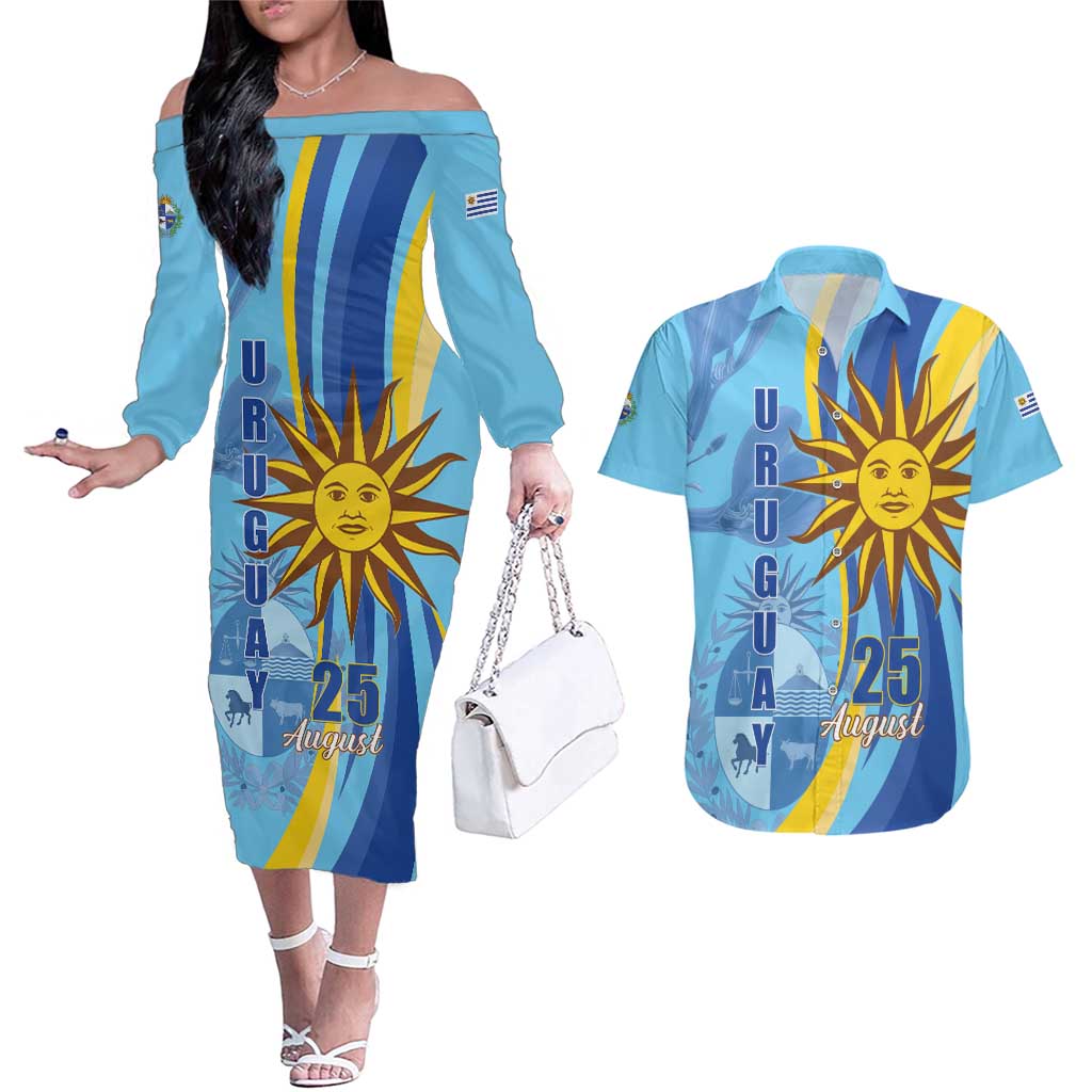 Uruguay Independence Day Couples Matching Off The Shoulder Long Sleeve Dress and Hawaiian Shirt Sol de Mayo Erythrina Crista Galli - Wonder Print Shop