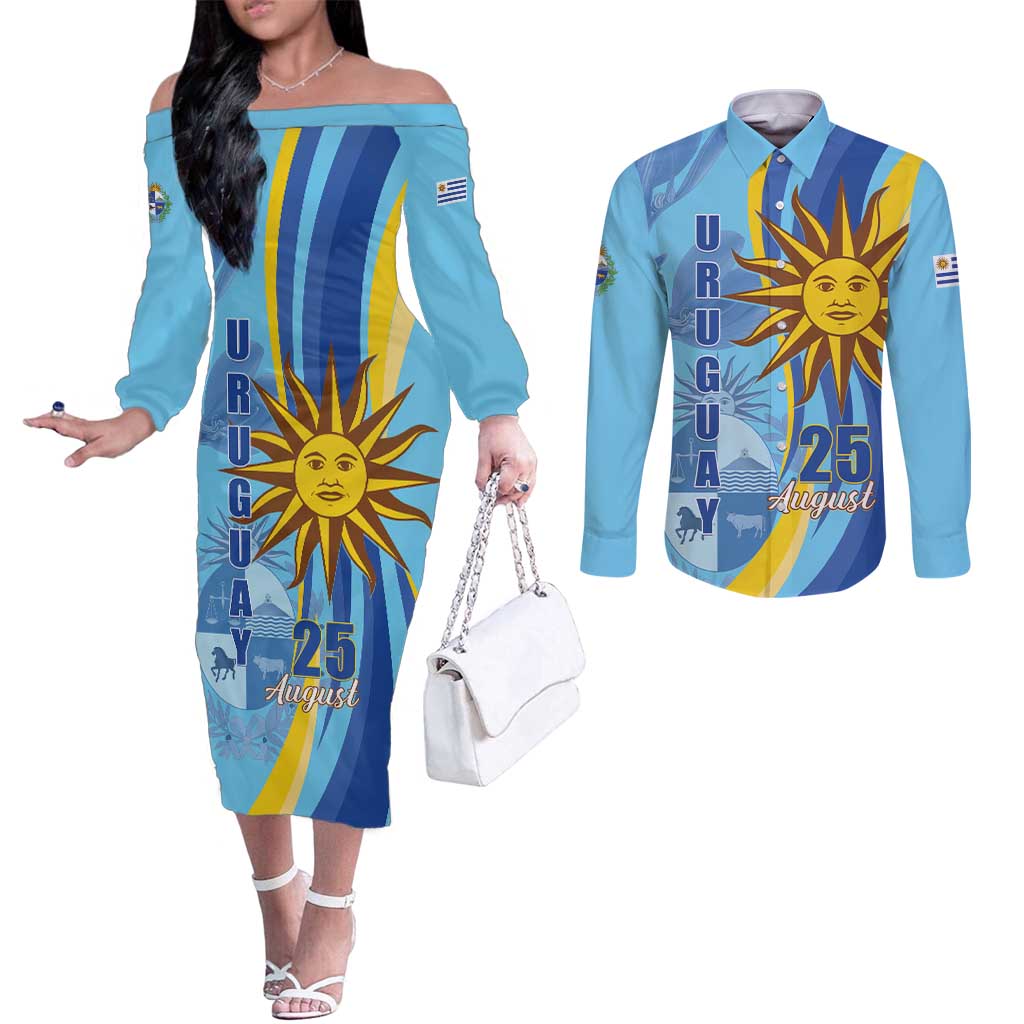 Uruguay Independence Day Couples Matching Off The Shoulder Long Sleeve Dress and Long Sleeve Button Shirt Sol de Mayo Erythrina Crista Galli