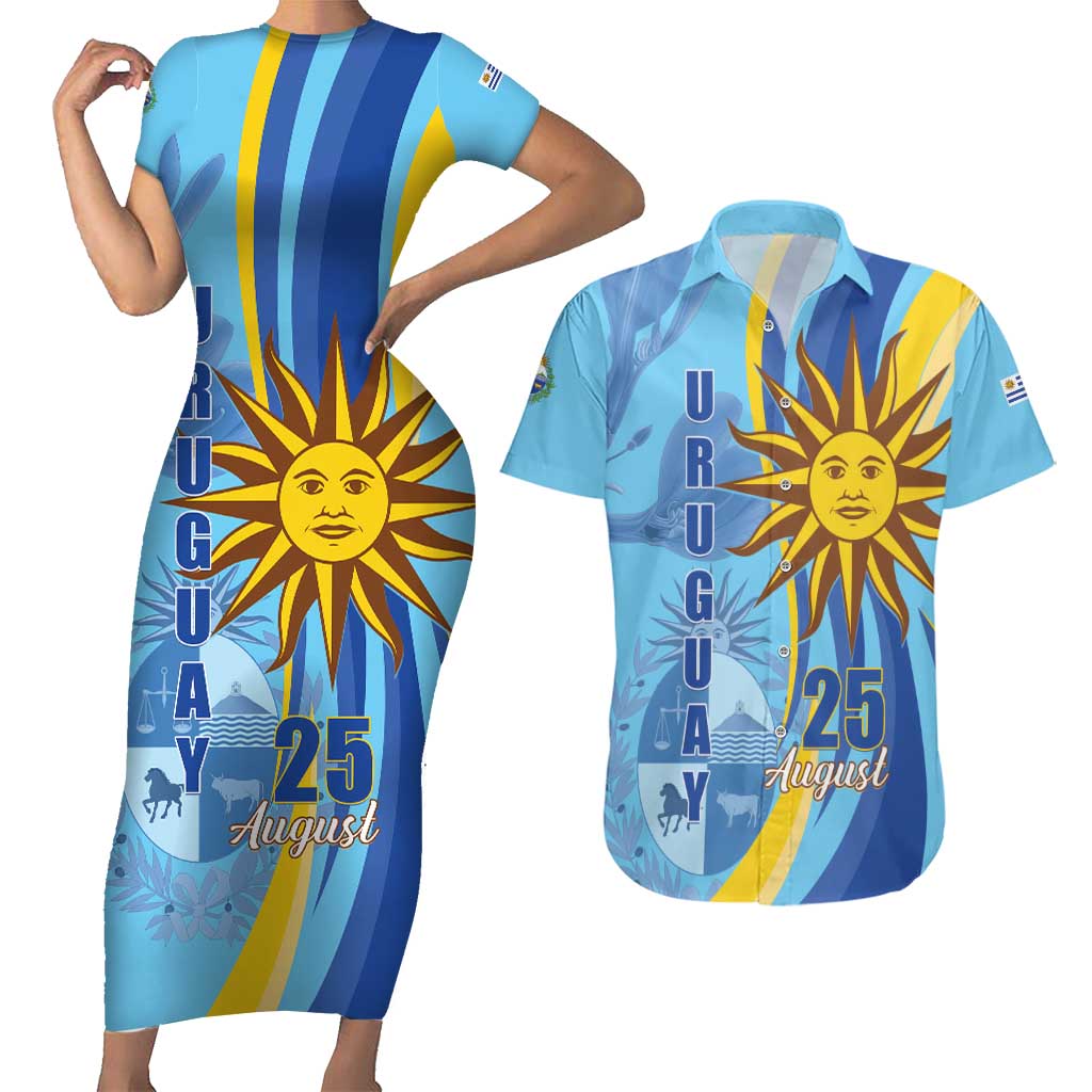 Uruguay Independence Day Couples Matching Short Sleeve Bodycon Dress and Hawaiian Shirt Sol de Mayo Erythrina Crista Galli - Wonder Print Shop