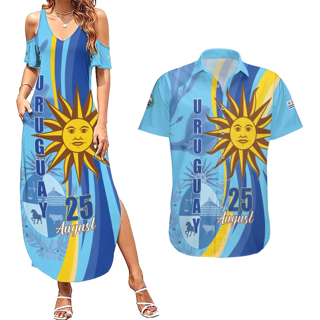 Uruguay Independence Day Couples Matching Summer Maxi Dress and Hawaiian Shirt Sol de Mayo Erythrina Crista Galli - Wonder Print Shop