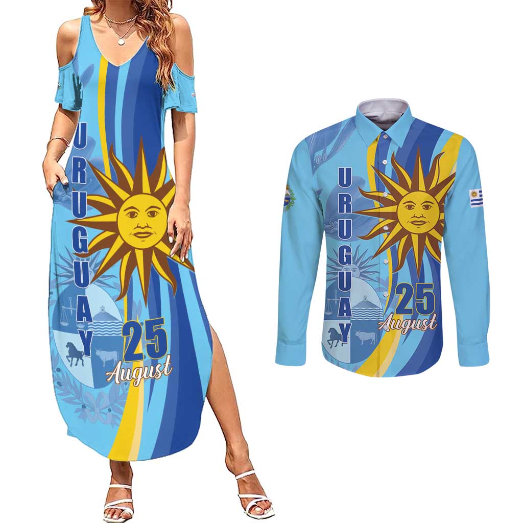 Uruguay Independence Day Couples Matching Summer Maxi Dress and Long Sleeve Button Shirt Sol de Mayo Erythrina Crista Galli - Wonder Print Shop