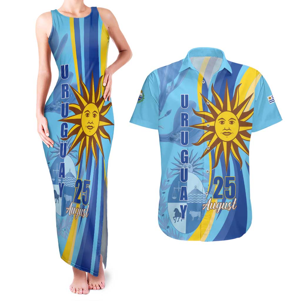 Uruguay Independence Day Couples Matching Tank Maxi Dress and Hawaiian Shirt Sol de Mayo Erythrina Crista Galli - Wonder Print Shop